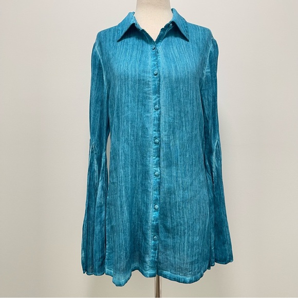 Rococo Sand Vita Long Bell Sleeves Button Down Teal Shirt Size Small - Picture 2 of 13